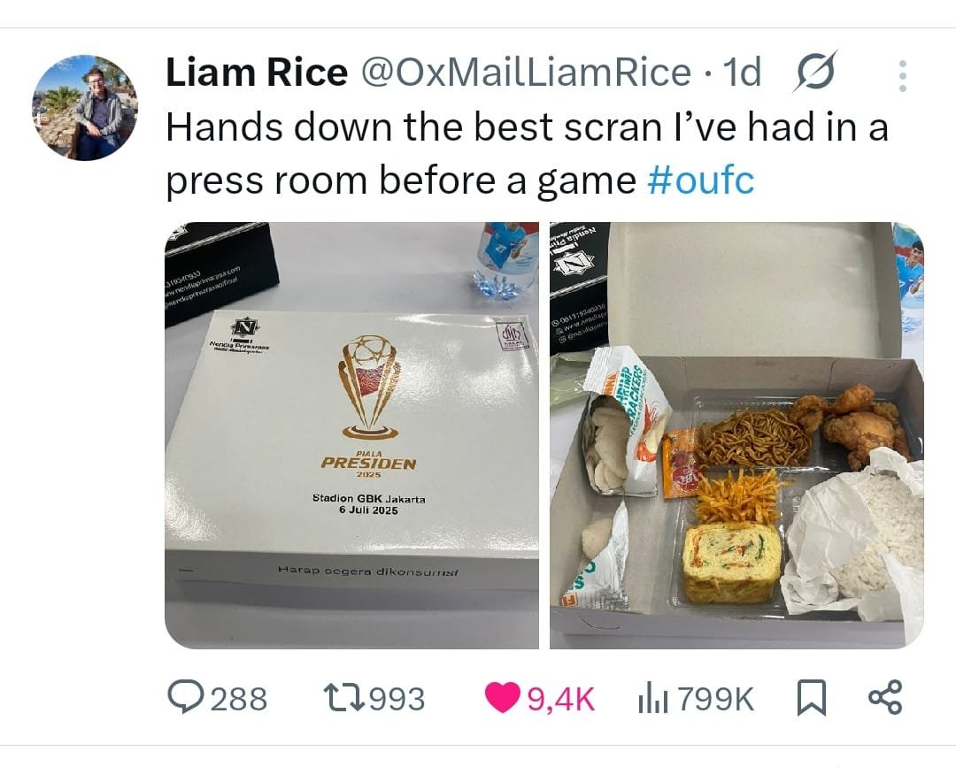 Liam Rice, Peliput Oxford United di Piala Presiden, Viralkan Nasi Kotak Nendia Primarasa lewat Akun X
